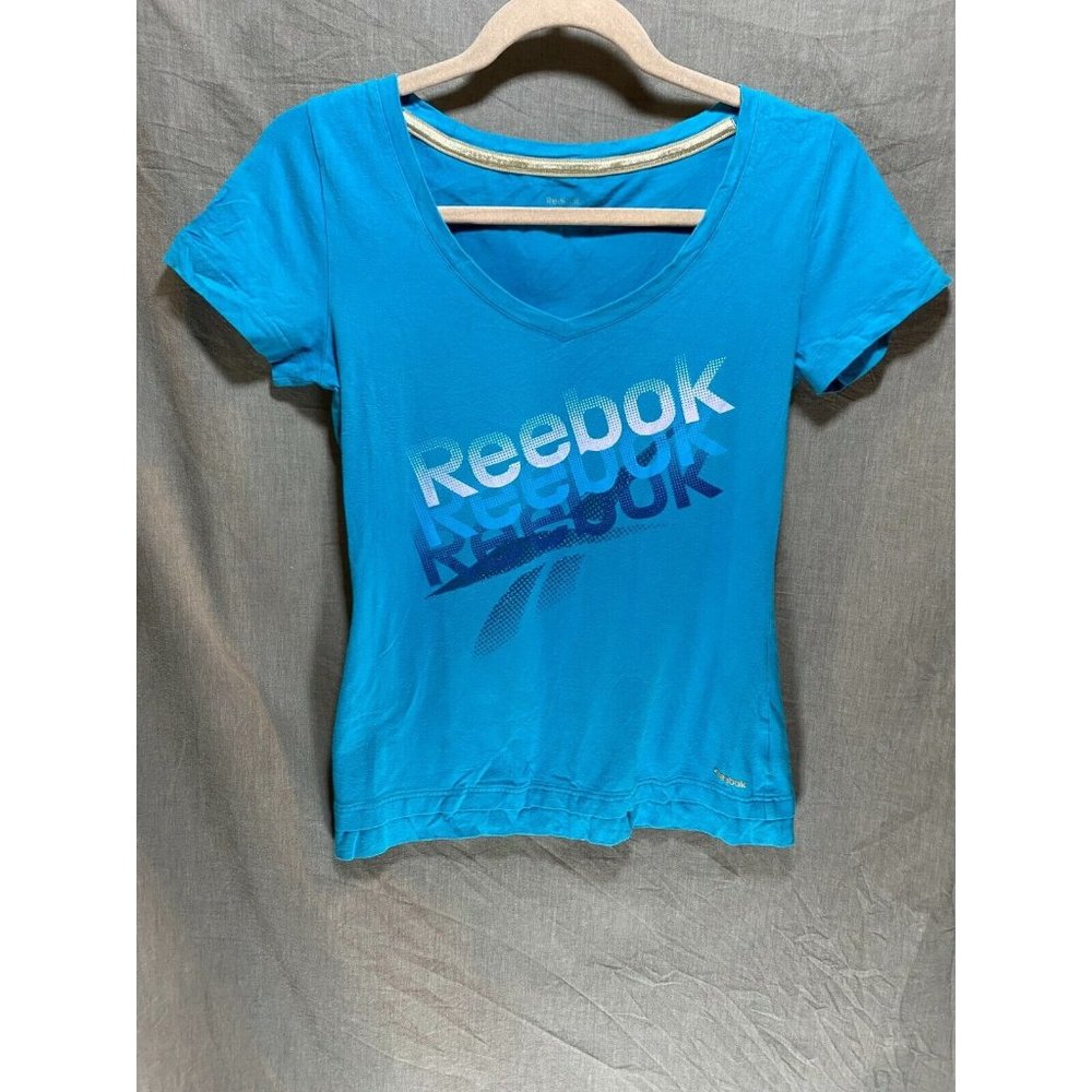 Reebok Shirt Women Small Blue Logo‎ Spell Out Pullover Ladies.